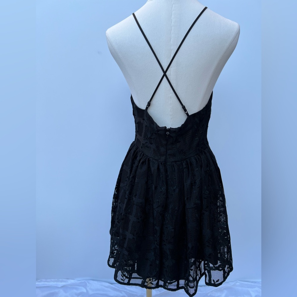 BEBE Black Embroidered Mesh Fit & Flare Mini Dress – Crisscross Back – Size 6 - Picture 5 of 16